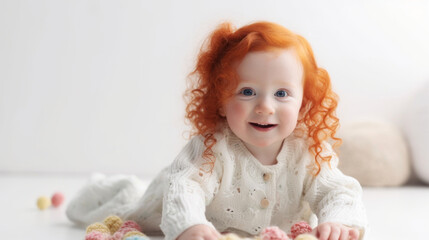 Fototapeta premium Sweet baby with red hair posing against a light studio backdrop, playing with toys. Generative AI