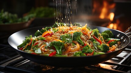 Chef is stirring vegetables in wok at kitchen - obrazy, fototapety, plakaty
