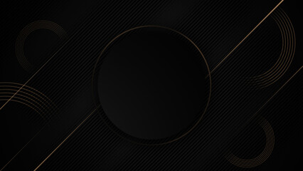 Luxury black golden circular dynamic pattern. Circle lines ring. Deluxe geometric design. Minimal modern creative illustration. Friday sale frame. Elegant dark grey diagonal striped blank background