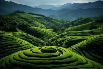 Tea plantation in island. Amazing landscape of outstanding natural greenery - obrazy, fototapety, plakaty