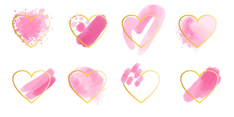 Watercolor frame. Pink brush strokes, golden heart figures, splash texture. Pink pastel colors. Wedding, valentine or birthday cards decor. Abstract paint stains. Decorative vector set