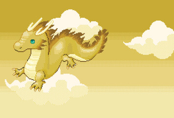 ドット絵の黄金のグラデーションの空を飛ぶ、かわいい金色の龍の辰年年賀状素材