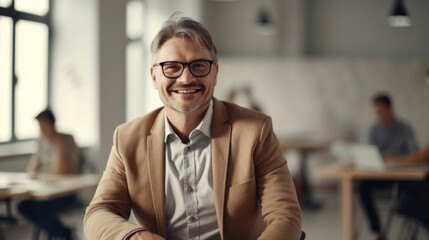 A cheerful businessman in a wheelchair poses at work with coworkers. Generative AI