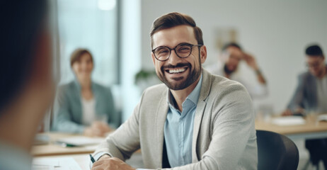 A joyful European businessman in a wheelchair among coworkers. Generative AI