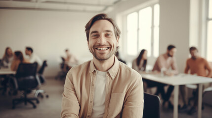 A cheerful businessman in a wheelchair poses at work with coworkers. Generative AI