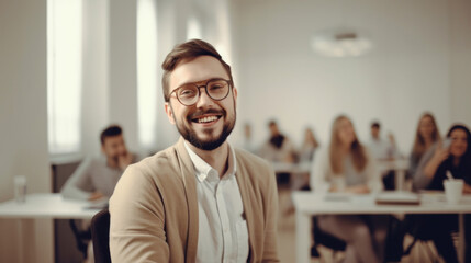 Happy European executive in a wheelchair with colleagues in an office. Generative AI