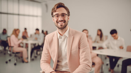 Happy European executive in a wheelchair with colleagues in an office. Generative AI