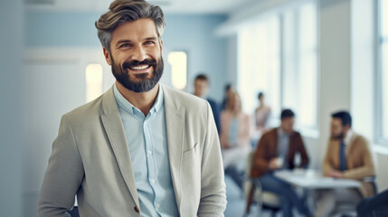 Businessman in a wheelchair poses with colleagues in an office setting. Generative AI