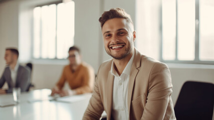 Businessman in a wheelchair poses with colleagues in an office setting. Generative AI