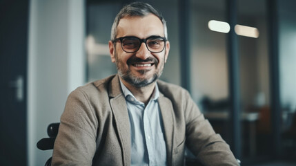 A smiling man in a wheelchair with colleagues. Generative AI