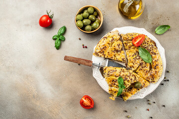 Classic turkish pie with meat on a light background, banner, menu, recipe place for text, top view