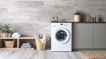 Interior of modern laundry room with washing machine, basket and towels