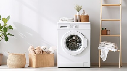 Interior of modern laundry room with washing machine, basket and towels - obrazy, fototapety, plakaty