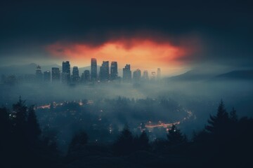 landscape, The ethereal glow of city lights diffused by thick fog