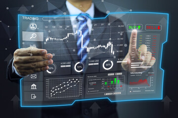 Businessman touch on buy button on trading stock exchange market interface data analytic and statistics trading software platform for buy and sell, candlestick charts and stock market analysis.