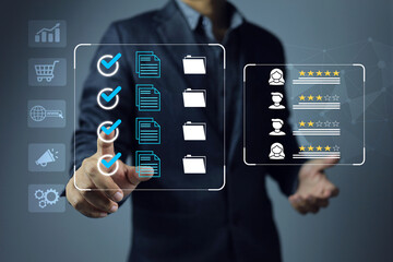 A businessman click on blue check mark to evaluating a vendor or supplier industrial facility and...