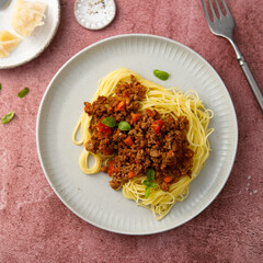 Traditional spaghetti Bolognese with fresh basil