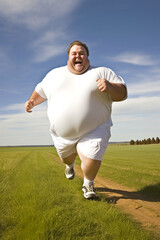 Happy fat young man in sportswear doing jogging in the field