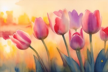 Beautiful tulips flowers. Watercolor. Ai generated illustration - obrazy, fototapety, plakaty