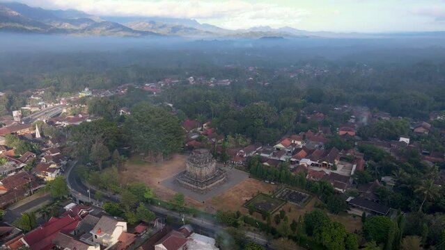 Circular aerial images over the Mendut temple in central Java, Indonesia.