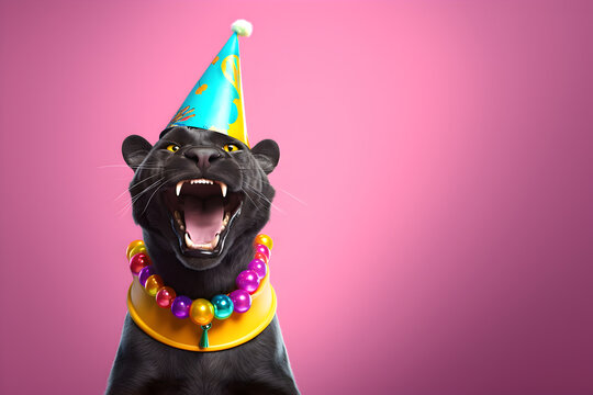 Creative animal concept. Black panther in party cone hat necklace bowtie outfit isolated on solid pastel background advertisement, copy text space. birthday party invite invitation
