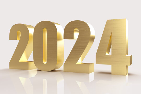 2024 happy new year.Gold metal of number. Luxury digit 3d golden and metallic with reflection on white background. For celebration, part, festival, anniversary  