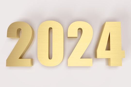2024 happy new year.Gold metal of number. Luxury digit 3d golden and metallic with reflection on white background. For celebration, part, festival, anniversary  