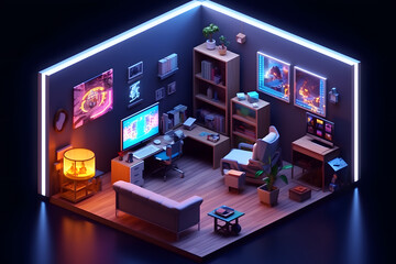3d game room isometric style Made with Generative AI