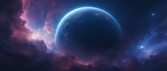 Giant planet seen through dense cosmic nebulae with glow, wallpaper