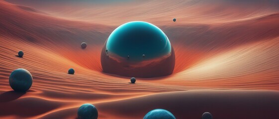 Abstract image of a heavy massive planet that lies in a desert hollow, to it rolls other small planets