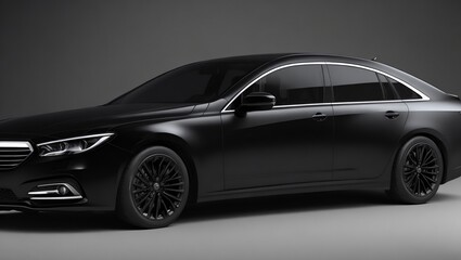 In the spotlight is a sleek, new sedan in black metallic. generic, brandless modern design.  - obrazy, fototapety, plakaty