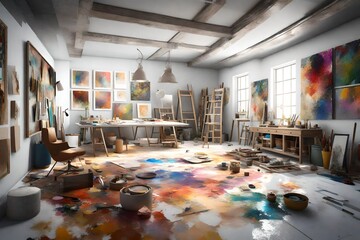 3D rendering of a painting room inspired by Impressionism. Use a pastel color palette, dappled...
