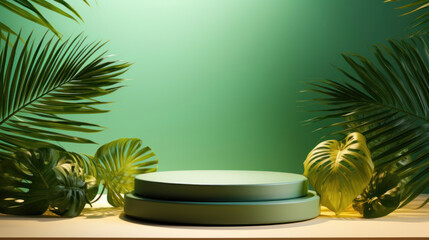 Fototapeta premium Summer themed tropical podium for display product. Background for cosmetic product branding, identity and packaging