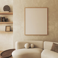 Contemporary classic white beige livingroom interior with one picture frame, wooden shelfs with books and decor. Empty stucco wall mockup. 3d rendering. High quality 3d illustration