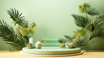 Fototapeta premium Summer themed tropical podium for display product. Background for cosmetic product branding, identity and packaging