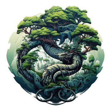 A mesmerizing Anaconda Tree t-shirt design, featuring a tree with intricate branches that form a labyrinthine pattern across the shirt, Generative Ai
