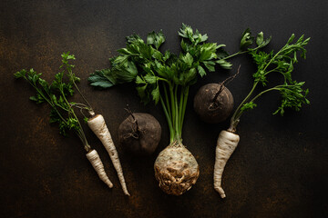 Parsley and selera roots with tops and black radish close-up on a brown background, top view, healthy autumn seasonal roots, copy space