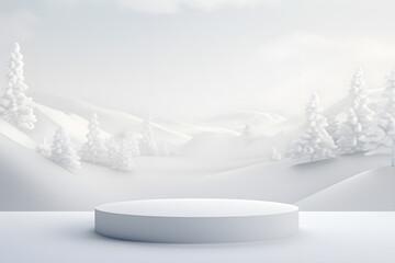 3D podium minimal mock up blank stage with landscape snow winter scene, For product display presentation design, ai generate