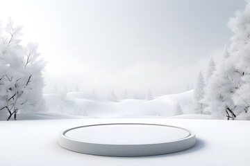 Fototapeta premium 3D podium minimal mock up blank stage with landscape snow winter scene, For product display presentation design, ai generate