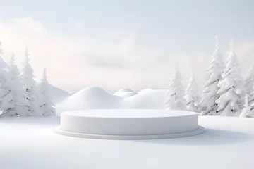 Rolgordijnen 3D podium minimal mock up blank stage with landscape snow winter scene, For product display presentation design, ai generate © Black Pig