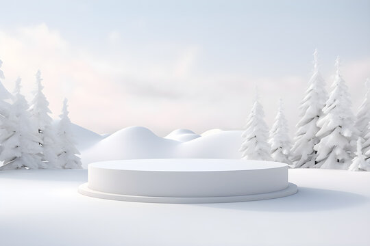 3D Podium Minimal Mock Up Blank Stage With Landscape Snow Winter Scene, For Product Display Presentation Design, Ai Generate