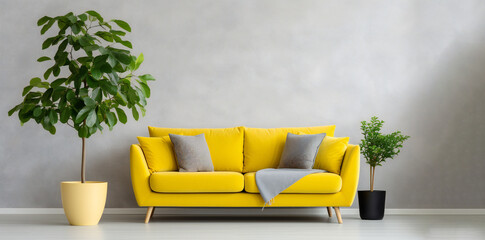 Stylish Living Room Interior with Comfortable Yellow Sofa