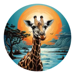 Poster An otherworldly giraffe t-shirt design depicting a giraffe walking on a moonlit beach with bioluminescent waves, creating a surreal and enchanting scene, Generative Ai © moondesigner