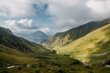Mountain landscape. Mountains covered with clouds. Caucasus mountains