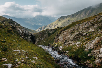 Fototapeta na wymiar Stream on a mountain background. Green mountains covered with clouds. View of mountain river in summer