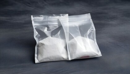 Transparent Plastic Bags with White Powder on Grey table