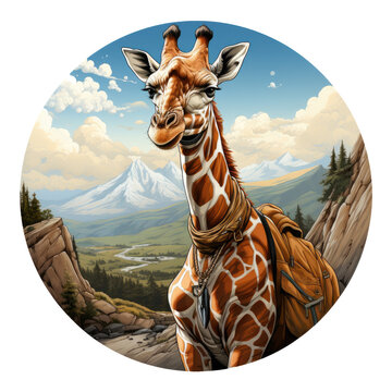 An adventurous giraffe t-shirt design portraying a giraffe with a telescope, standing on a cliff overlooking a vast, uncharted landscape, Generative Ai