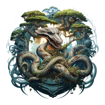 A mythical Anaconda Tree t-shirt design, showcasing a tree that winds across the shirt, Generative Ai
