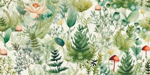 Obraz na płótnie Canvas Seamless autumn pattern with muted colours forest leaves, mushrooms, plants and flowers among ferns and foliage, soft muted pastels
