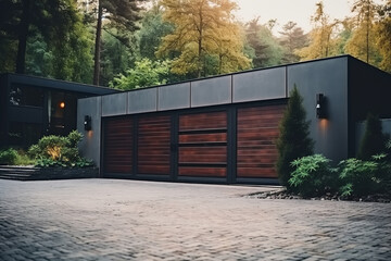 Exterior modern garage with wooden gates, minimalist design. Property protection